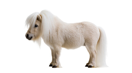 Isolated cream-colored miniature horse standing elegantly with long flowing mane and tail © Aoife