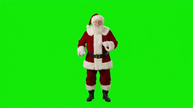 Santa Claus wearing a traditional red suit dancing joyfully against a solid green screen background