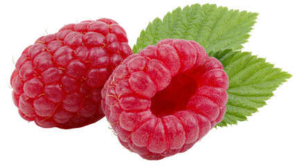Isolated ripe red raspberries with vibrant green leaves, fresh and juicy summer fruit © Aoife