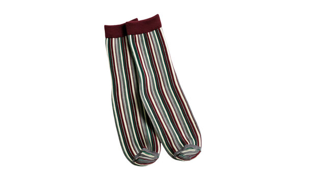 Isolated pair of colorful striped casual socks with red green and grey stripes