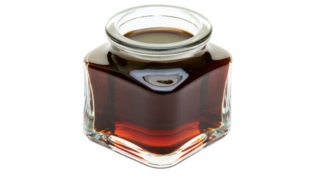 Isolated elegant small square glass jar with rich dark brown liquid, reflective surface and classic shape