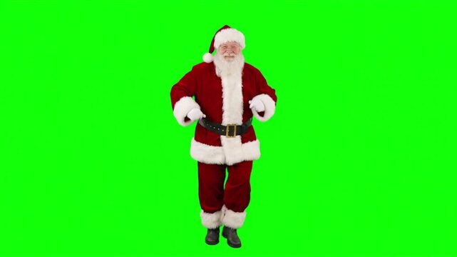 Santa Claus dancing and gesturing happily against a solid green screen background for chroma keying