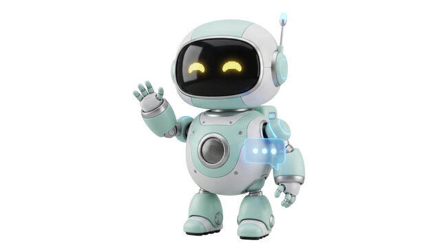 Friendly mint green robot character waving, cute artificial intelligence assistant with glowing eyes, futuristic 3D chatbot for customer support isolated PNG with Transparent Background