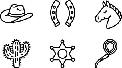 Fototapeta premium Cowboy symbols, hat horseshoe horse head cactus sheriff badge and lasso representing classic wild west ranch life and western culture.