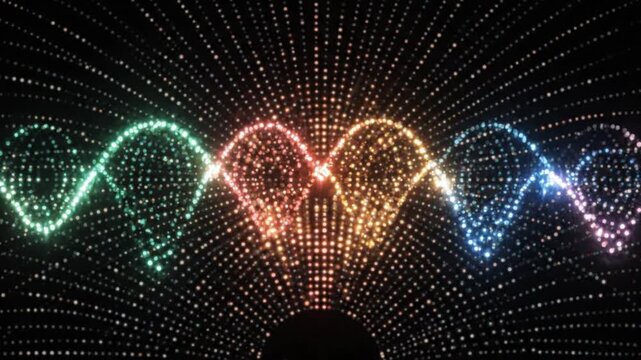 Glowing dna helix structure consisting of colorful particles rotating in a dark background creating smooth motion video graphic animation loop