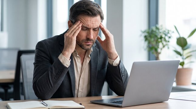 Hombre de negocios estresado con dolor de cabeza y migra&ntilde;a trabajando frente al port&aacute;til en una oficina moderna.