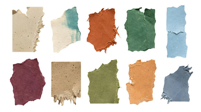 Set of various colorful handmade paper scraps with torn edges isolated on transparent background