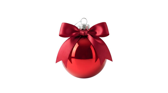 Shiny red christmas bauble ornament with a festive satin ribbon bow isolated on transparent background