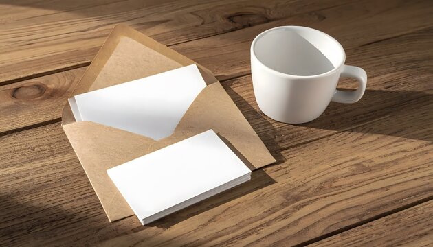 Blank white cards and open brown envelope on wooden table with coffee mug.