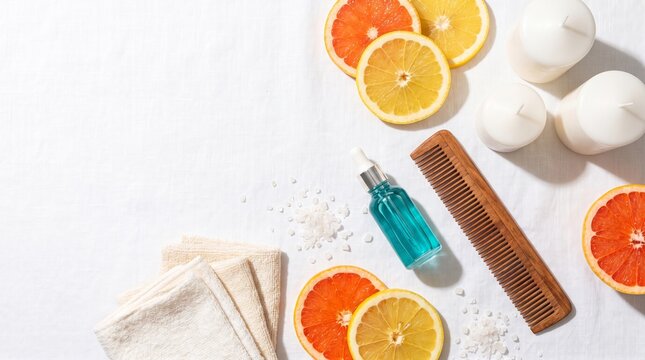 self care flat lay composition with citrus fruits and cosmetics