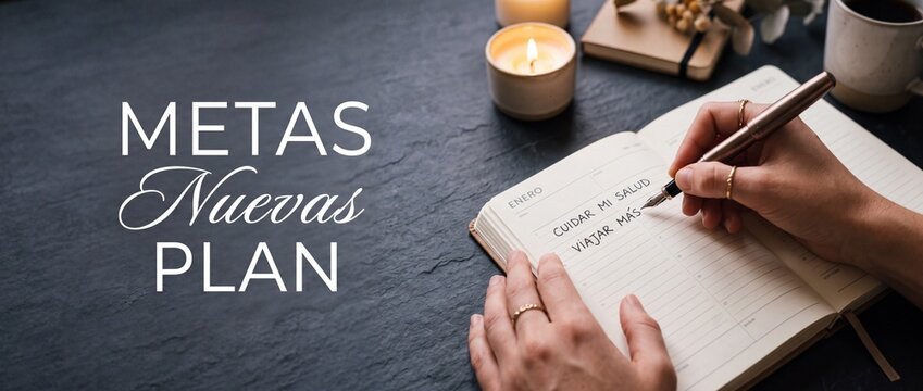 Writing new year goals planner in Spanish notebook. Hands writing resolutions like cuidar mi salud and viajar mas in January agenda on dark desk with candles, cozy lifestyle and mindfulness concept.