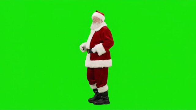 Santa Claus walking forward and waving hello isolated on a green screen chroma key background