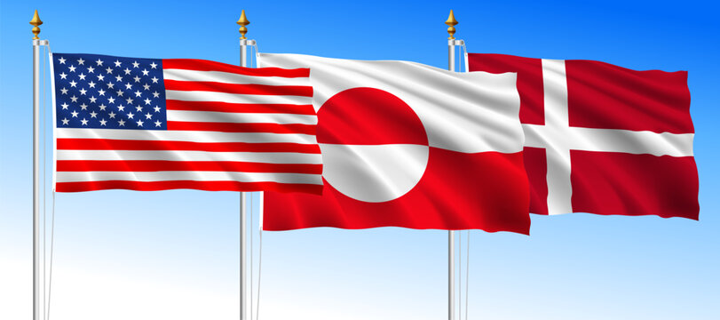USA, Greenland, Denmark waving flags on the blue sky background, vector illustration