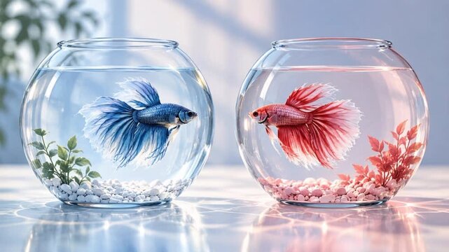 Video of colorful betta fish face each other inside separate round glass fishbowl aquarium