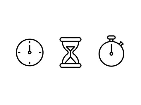 Three timekeeping icons displayed with clock hourglass stopwatch line on transparent background