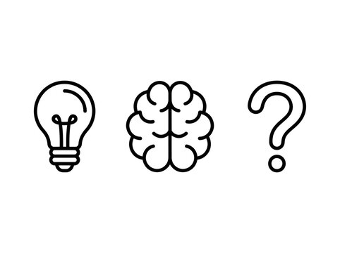 Three simple icons of bulb brain and question mark with icons depict on transparent background