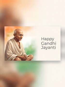 A premium Gandhi Jayanti celebration poster featuring Mahatma Gandhi&rsquo;s elegant portrait with a peaceful expression, Indian tricolor accents, soft lighting, and a modern minimal design representing tru