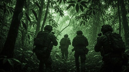 Obraz premium Soldiers in camouflage move through dense jungle at night. Special forces team on covert mission, tactical gear, rifles ready. Night vision view of elite unit advancing cautiously in darkness.