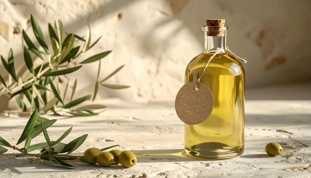 Bottle of extra virgin olive oil with olive branches on rustic wood.