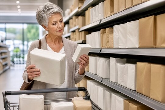 Senior shopper comparing larger and smaller product packs, illustrating value shopping, budgeting and thoughtful consumer choice.