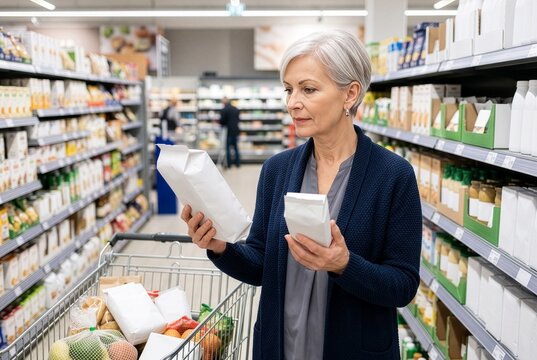 Senior shopper comparing larger and smaller product packs, illustrating value shopping, budgeting and thoughtful consumer choice.