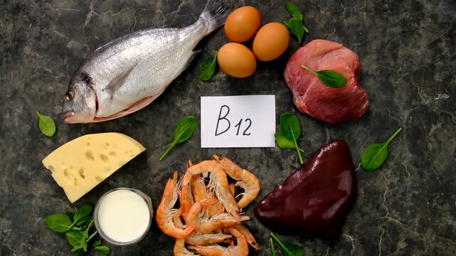 Foods that contain vitamin B12. Selective focus.