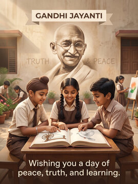 A meaningful Gandhi Jayanti poster showing children learning Gandhi&rsquo;s principles of truth, peace, and kindness, creating an educational and emotional visual.