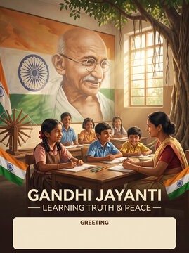 A meaningful Gandhi Jayanti poster showing children learning Gandhi&rsquo;s principles of truth, peace, and kindness, creating an educational and emotional visual.