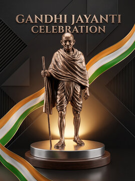 A realistic 3D Gandhi Jayanti poster featuring a detailed Gandhi statue with premium lighting, modern composition, and patriotic elements.
