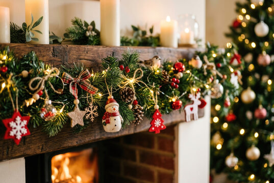 A festive garland lights a rustic mantel with glowing candles and hanging ornaments. Concept of warm holiday ambience and handcrafted decorations.