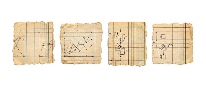 Vintage graph paper scientific diagrams hand drawn with mathematical charts and electronic circuit schematics isolated on black background for engineering, data analytics, and retro research concepts