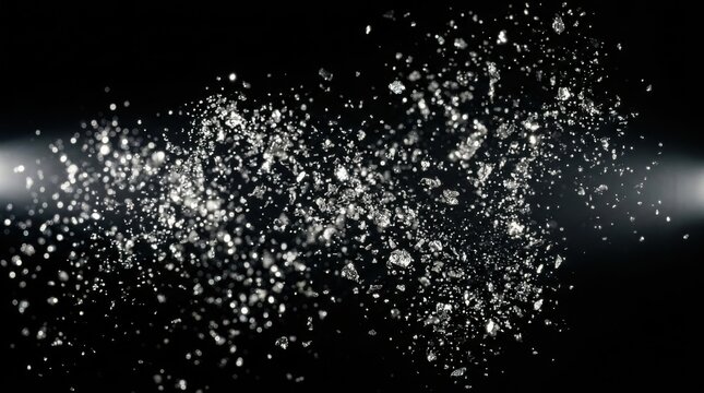 Floating metallic silver dust particles drifting against a black background