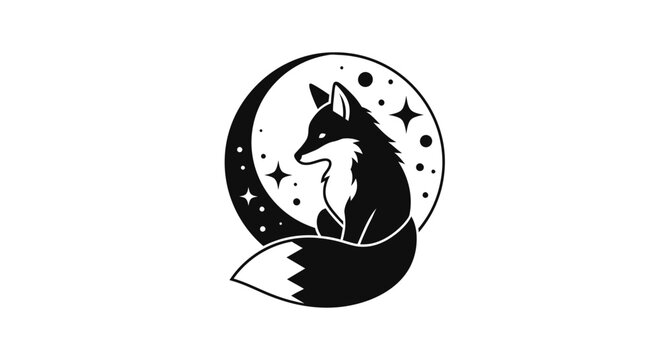 Mystical Fox Silhouette on Crescent Moon with Stars - Night Sky Wildlife Art