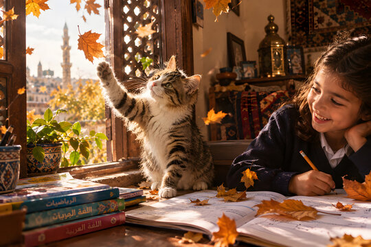 Cat Swatting At Autumn Leaves Falling Onto Homework