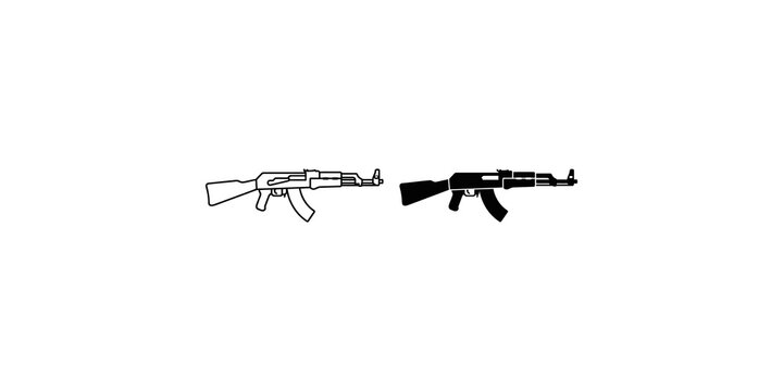 Automatic assault rifle firearm icons in line art and solid black silhouette for security graphics.