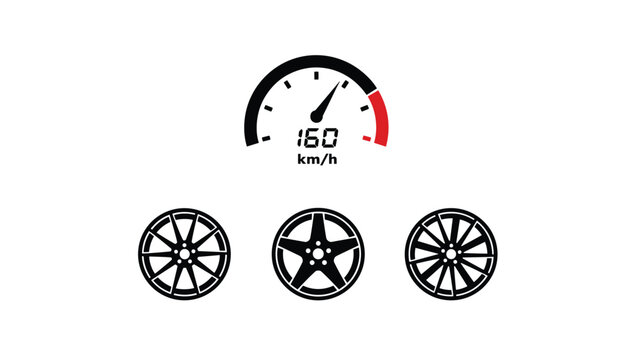 Digital speedometer icon indicating high speed at 160 kilometers per hour, accompanied by three different car wheel rims below.