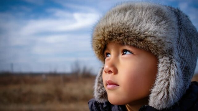 Native American Child in Fur Hat