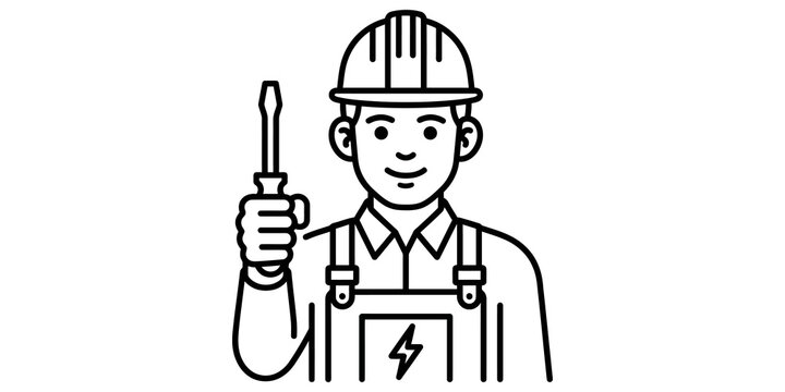 Electrician character line art holding screwdriver tool wearing safety hard hat helmet and overalls uniform.