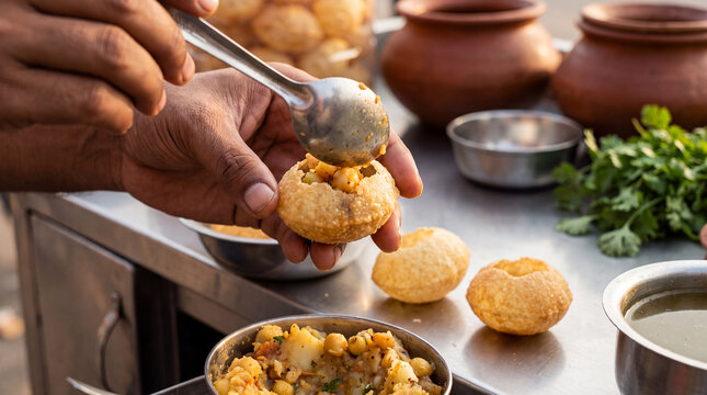 Hands filling crisp round puris with spiced potato mixture at an Indian food counter, using a spoon to prepare fresh pani puri with herbs and colorful toppings