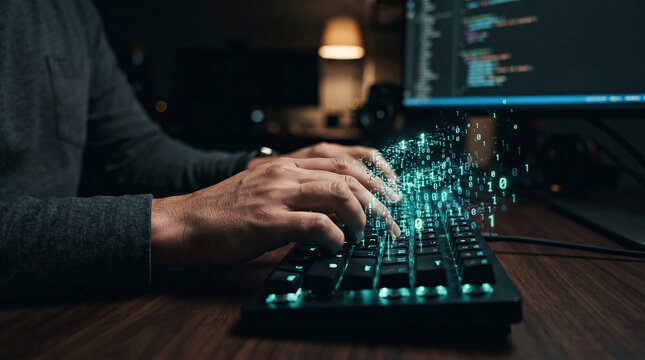 Close-up of hands typing on a backlit keyboard with glowing binary code particles rising, programmer coding at night