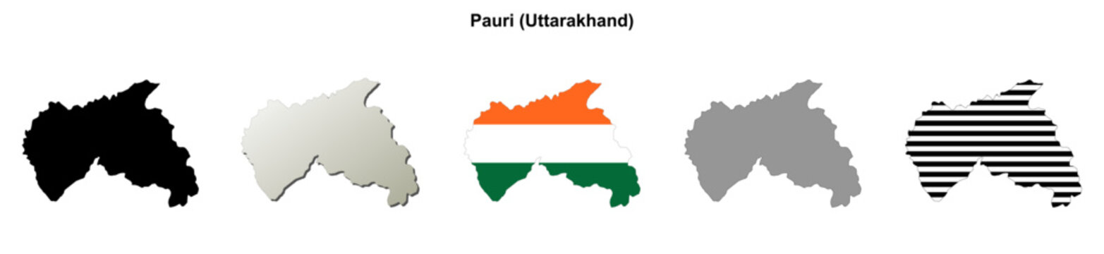 Pauri (Uttarakhand) blank outline map set