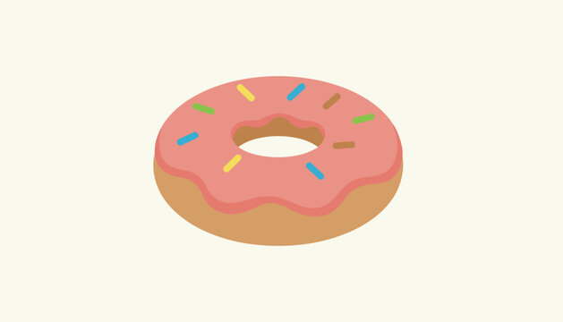 Isometric 3D vector illustration of a delicious glazed doughnut with pink frosting and colorful sprinkles on a cream background.
