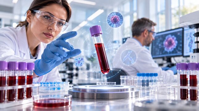Research scientist examining a blood sample for liquid biopsy testing in an advanced oncology laboratory. Supporting biomarker driven insights for precision cancer diagnostics.