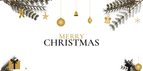 Obraz premium Christmas decorative frame on white background, elegant gold and black holiday icons with candy cane, angel, snowflakes, gifts, fir branches and baubles vector.