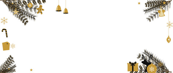 Obraz premium Christmas icon elements border pattern on white background, golden black festive ornaments with gingerbread, bells, baubles, stars, pine branches and reindeer vector.