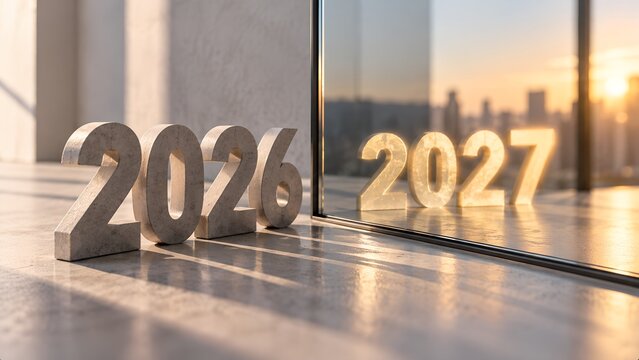 2026 to 2027 Transition Concept with Reflection at Sunrise