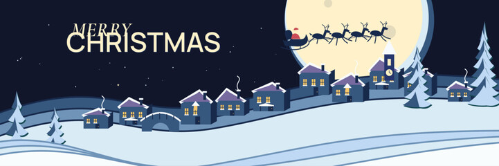 Fototapeta premium Merry Christmas paper cut snow village background, panoramic winter town with flying Santa, arched moon, layered rooftops, festive greeting and starry night.