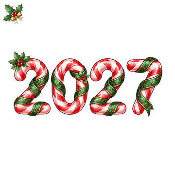 2027 christmas candy cane numbers with holly leaves