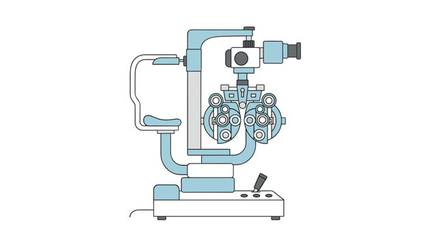 Phoropter device used by ophthalmologists for eye examinations and vision testing isolated on a white background.