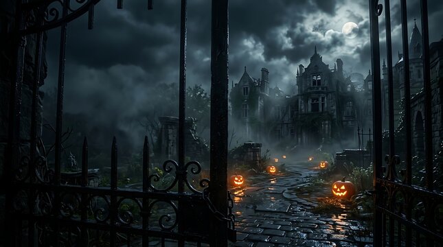 Spooky haunted mansion standing behind iron gates at night under a glowing full moon with glowing jack o lanterns lining the pathway to the dark entrance